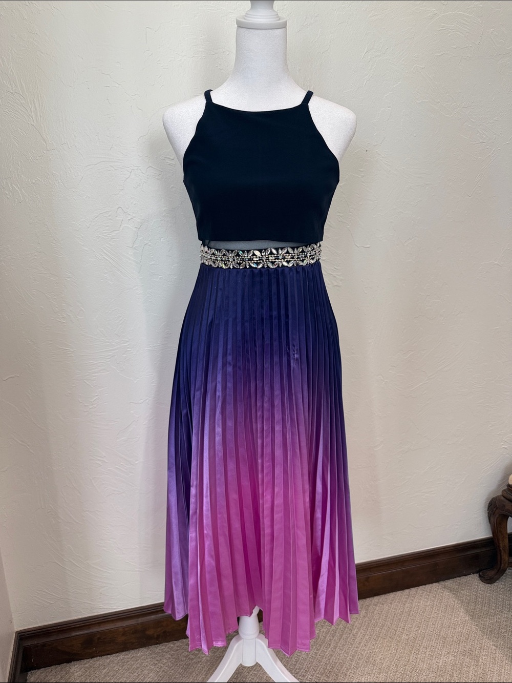 Rare Edition Girls Sleeveless Ombre Pleated Midi Dress with Embellished Waist